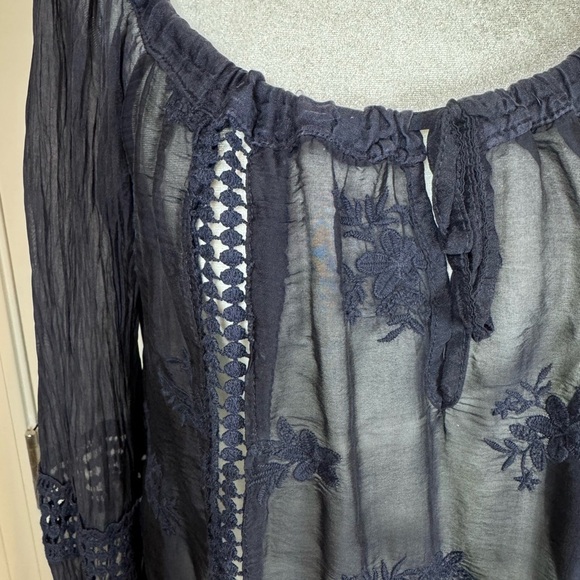 Italian Navy Whimsy Goth Sheer Layers Bohemian Airy Embroidered Gauze Peasant - Picture 3 of 9